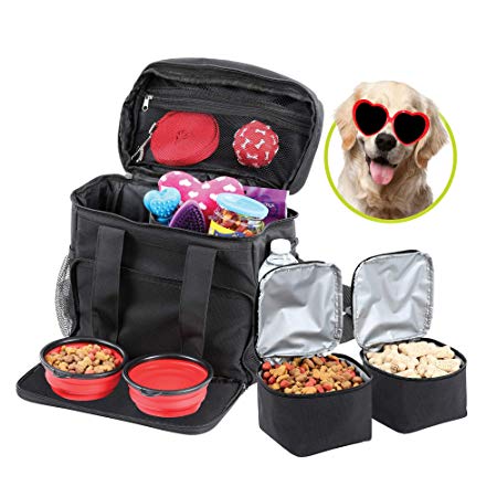 Bundaloo Dog Travel Bag Accessories Supplies Organizer 5-Piece Set with Shoulder Strap | 2 Lined Pet Food Containers, 2 Collapsible Feeding Bowls. Everyday Dogs Essentials