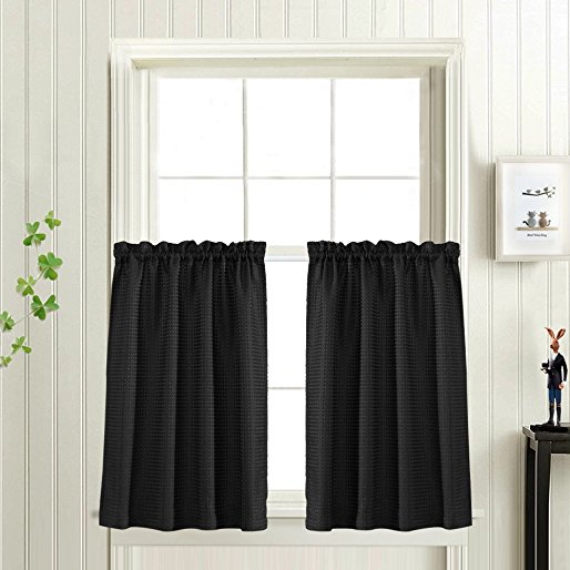 Waffle Woven Textured Short Curtains for Kitchen Water Repellent Window Covering for Bathroom (72" x 45", Black, Set of Two)