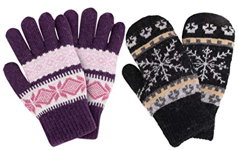 Simplicity Women's Winter 2 Pairs Accessory Snowflake Mittens & Gloves Set