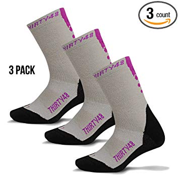 Premium Hiking Socks by Thirty48 :: Cushioned Anti-Bacterial Vegan Wool :: HK Series :: Thermal Performance Crew Socks :: Anti-Odor Moisture Wicking Poly :: Best Socks for Hiking, Mountain Climbing, Winter, Outdoor, Boots, Camping, Travel :: Money Back Guarantee 3 Pack Purple/Gray Large