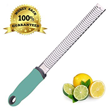 Zulay Lemon Zester - Stainless Steel Grater for Cheese, Ginger, Chocolate, Cinnamon, Citrus, Limes with Plastic Cover, Long Ergonomic Handle and Rubber Base, Blue