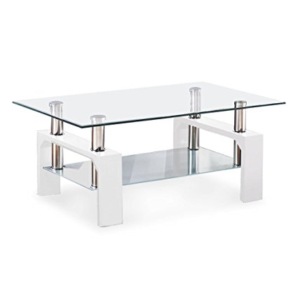 VIRREA Rectangular Glass Coffee Table Shelf Wood Living Room Furniture Chrome Base White