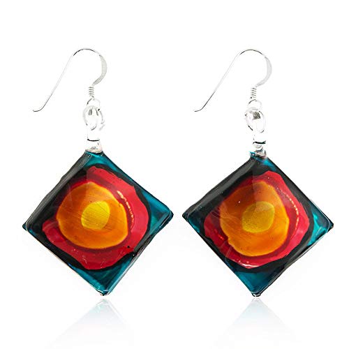 Sterling Silver Hand Painted Murano Glass Blue Red Orange Art Square Dangle Earrings 2”