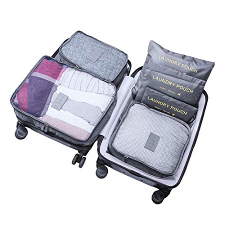 WOWTOY 6PCS Packing Cubes Value Set for Travel Luggage Organiser Bag Compression Pouches Clothes Suitcase, Grey