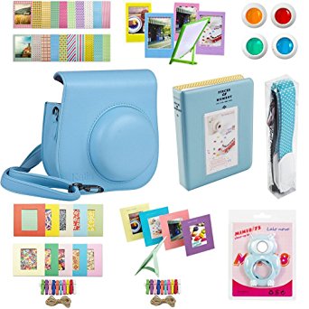 Katia Mini 8 Instant Camera Accessories Bundles Set for Fujifilm Instax Mini 8 Instant Film Camera with Mini 8 Case Blue/Album/Selfie Len/Frames/Stickers/Strap -Set11 (Blue)