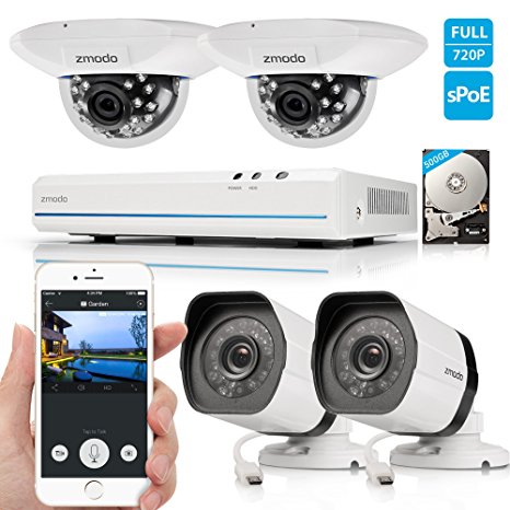 Zmodo 8CH 720P HD Network Home Security Camera System with 2x Outdoor   2x Indoor Dome Surveillance Camera 500GB Hard Drive