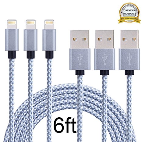 Airsspu Lightning Cable,3Pack 6FT Nylon Braided iPnone charger USB Cord Charging Cable for iPhone 5/5S/5C/SE 6/6S 6 Plus/6S Plus 7/7 Plus, iPad mini/Air/Pro iPod touch/nano 7(Gray White)