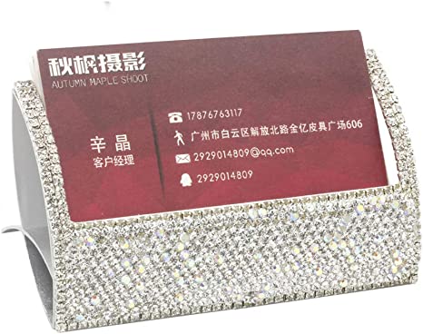 Bestbling Bling Aluminum Business Card Holder for Desk Business Card Display Rhinestone Business Card Stand Desktop Business Card Holders (Silver)