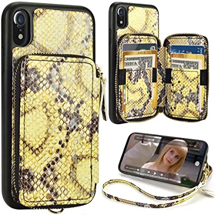 iPhone XR Wallet case,iPhone xr Case with Credit Card Holder Slot Protective Purse Handbag Pocket Zipper Leather Case with Wrist Strap Case Cover for Apple iPhone XR,6.1 inch - Yellow Snake Skin
