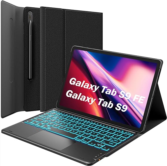 GreenLaw Galaxy Tab S9 FE 5g Case with Keyboard, Galaxy Tab S9 Keyboard Case, 7 Color Backlit Touchpad Keyboard with Pencil Holder, Magnetic Detachable, for Galaxy Tab S9 FE 10.9", S9 11", Black