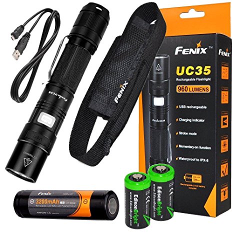 FENIX UC35 USB Rechargeable 960 Lumen Cree XM-L2 U2 multi battery type compatible LED Flashlight with, 3200mAh rechargeable battery, USB charging cable and 2 X EdisonBright lithium CR123A back-up batteries bundle