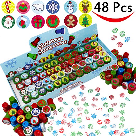 48 Pieces Christmas Assorted Stamps Kids Self-Ink Stampers (12 Different Designs, Plastic Stamps) for Christmas Party Favors, Stocking Stuffers, Kids Crafts, School Prizes and Goodies by Joyin Toy