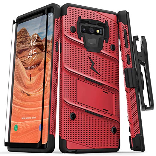 Zizo Bolt Series Galaxy Note 9 Case with Holster, Lanyard, Military Grade Drop Tested and Tempered Glass Screen Protector for Samsung Galaxy Note 9 Cover - Red/Black