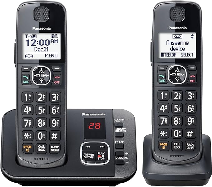 Panasonic Cordless Phone with Answering Machine, Automated Call Block, Easy to Use - 2 Handsets - KX-TGE632M (Metallic Black)