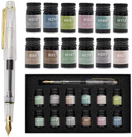 AXEARTE Fountain Pen Set, Calligraphy Pen Set - 12 Colors Fountain Pen Ink and Piston Filling 0.7mm Nib Pen, Gift Set for Writing, Signature, Journal, Artist and Kids and Adults (Fountain Pen)