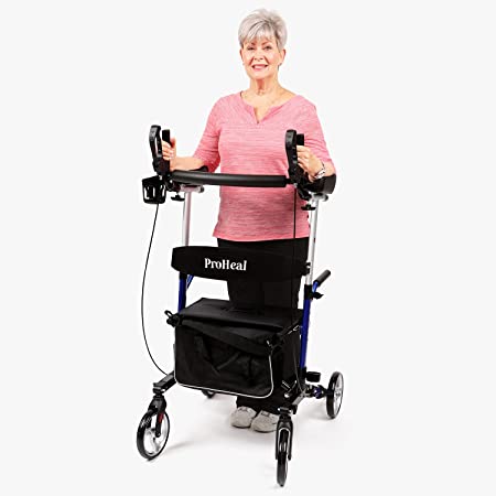 ProHeal Stand Up Walker with Seat - Tall Stand Up Rollator with Adjustable Height Handles - 19" Seat, Lightweight Easy Fold Aluminum Frame - Bonus Cup Holder, Storage Bag, and LED Light - Blue