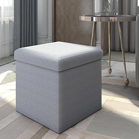 Lifewit Foldable Cube Ottoman Bench with Toy Storage Chest and Footstool Light Blue, 15 x 15 x 15 Inch