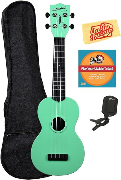 Kala KA-SWB-GN Waterman Soprano Ukulele - Sea Foam Green Matte Bundle with Gig Bag, Tuner, Austin Bazaar Instructional DVD, and Polishing Cloth