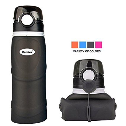 Kemier Collapsible Silicone Water Bottles-750ML,Medical Grade,BPA Free,FDA Approved,.Can Roll Up,26oz,Leak Proof Foldable Sports & Outdoor Water Bottles