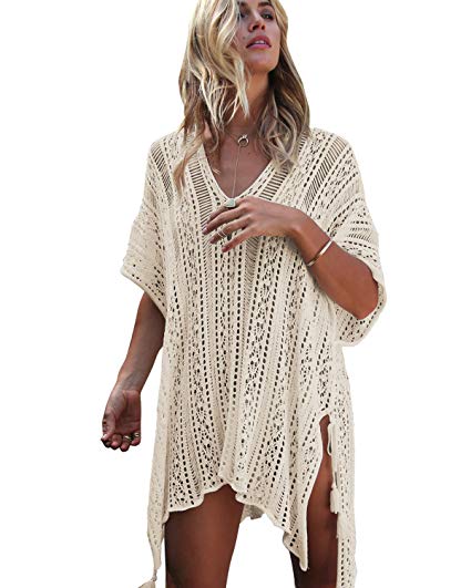 shermie Women's V-Neck Hollow Out Swimwear Swimsuit Cover UPS Plus Size Short Loose Knitted Beach Dresses