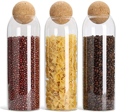 ComSaf Glass Food Storage Canister with Airtight Cork Lid (42oz/1240ml), Clear Food Storage Jar Container with Seal Cork Round Stopper for Kitchen Pantry Serving Tea Coffee Sugar Flour Spices