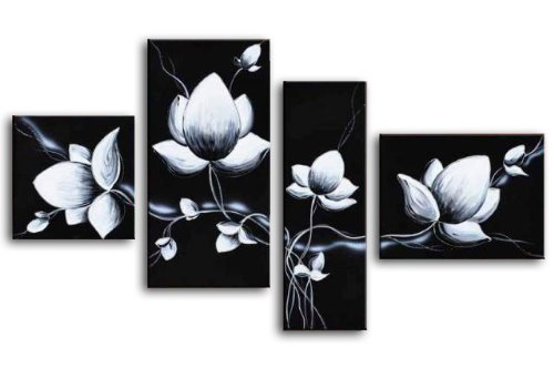 Wieco Art - Black &White Flowers - Modern 100% Hand Painted Artwork Abstract Floral Oil Paintings on Stretched and Framed Canvas Wall Art Ready to Hang for Hot Sale Home Decorations Wall Decor