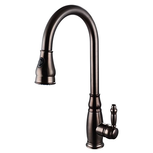 KES Kitchen Faucet Pull Out Spray Single Handle Traditional Style Single Hole Bar Sink Water Mixer Tap with Pull Down Sprayer Swivel High Arc Gooseneck Spout, Oil Rubbed Bronze, L6932-7