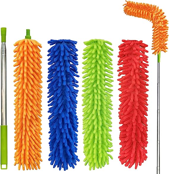 4 Pcs Microfiber Feather Duster, 30" to 100" Extendable Pole, Detachable and Beandable and Washable Chenille Duster Head, Cleaning Tool for Office, Car, Window, Furniture, Ceiling Fan