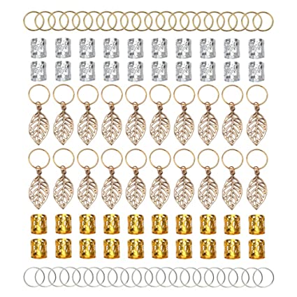 Fani 100pcs Gold &Silver Hair Rings Aluminum Dreadlocks Beads Gold Leaves Pendant Decorations Metal Cuffs Braid Jewelry for Hair Set Hair Clip Hair Accessories