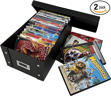 CheckOutStore Black DVD Cases Storage Box Disc Holders with Lids - 14.5 x 7.75 x 5.5 Inch Disc Holders with Lids for Movie & Video Game Storage (Holds up to 25 Cases) (Pack of 2)