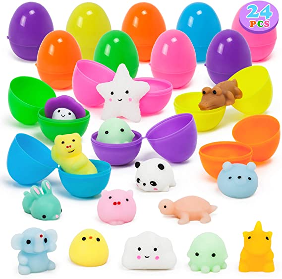 YIHONG 24 Pcs Easter Eggs Prefilled with Mochi Squishy Toys, Surprise Eggs Filled Kawaii Kids Toys for Easter Hunt, Basket Stuffers, Easter Party Favor