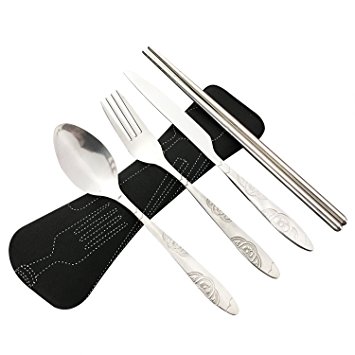 4 piece stainless steel (knife, fork, spoon, chopsticks) , travel / camping cutlery set with neoprene case