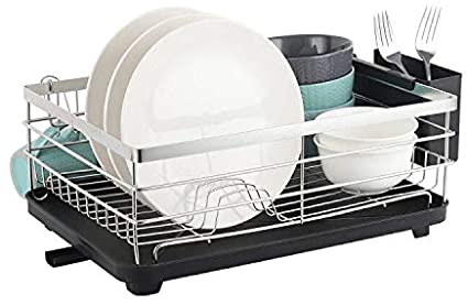 Nandae Dish Drying Rack, Stainless Steel Dish Drainer with Utensil Holder Removable Drainer Tray for Kitchen Countertop, Silver