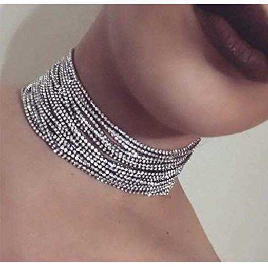 Aukmla Multi Layered Chain Crystal Rhinestone Choker Fully Diamond Statement Necklace Wedding Jewelry for Women and Girls