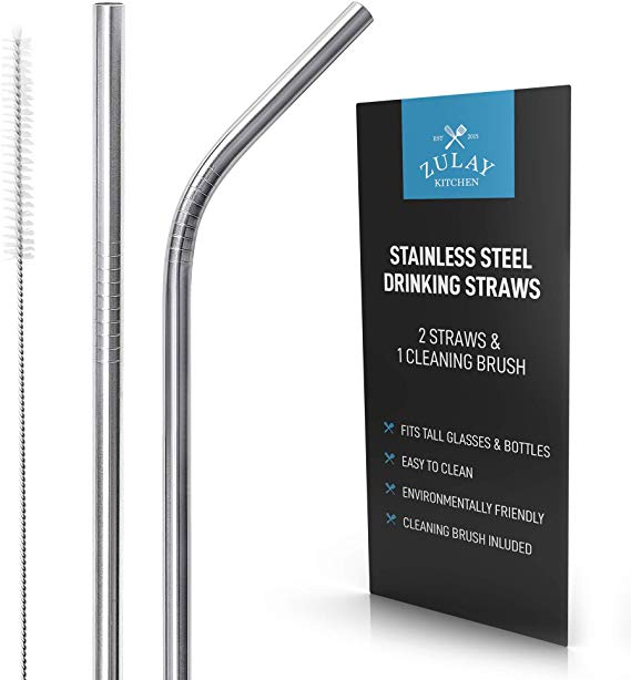 Premium Stainless Steel Straws - Set of 2 with Cleaning Brush - Premium Reusable Metal Straws for Drinks & Safe for Kids - Eco-Friendly Reusable Straws - by Zulay Kitchen