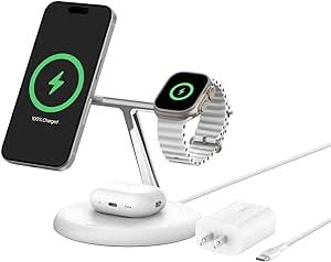 Belkin 3-in-1 Wireless Charging Stand with Magnetic MagSafe Compatible Qi2 15W, Fast Charging iPhone Charger for iPhone 15, 14, and 13 Series, AirPods, Apple Watch, & More (PSU Included) - White