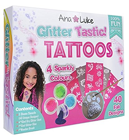 Ana and Luke Glitter Tattoos Kit, Mega Pack for Face, Body for Girls, Kids, 4 Large Pots of Glitter, 40 Adhesive Stencil Temporary Designs, Glue, Brush by Perfect Party Set/Gift for Xmas, New Year