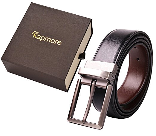 Leather Belt, Kapmore Men's Dress Belt Leather Reversible Belt Rotated Metal Buckle Gift Box