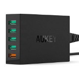 AUKEY 54W 5-Port USB Desktop Charging Station with Quick Charge 20 and AiPower Adaptive Charging Technology Includes a 33ft Quick Charge Micro USB Cable - Black