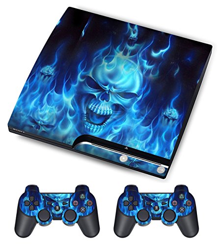GameXcel  Designer Skin for Sony PS3 Slim Console System Plus Two2 Decals For Playstation 3 Dualshock Controller - Skull of Blue Fire