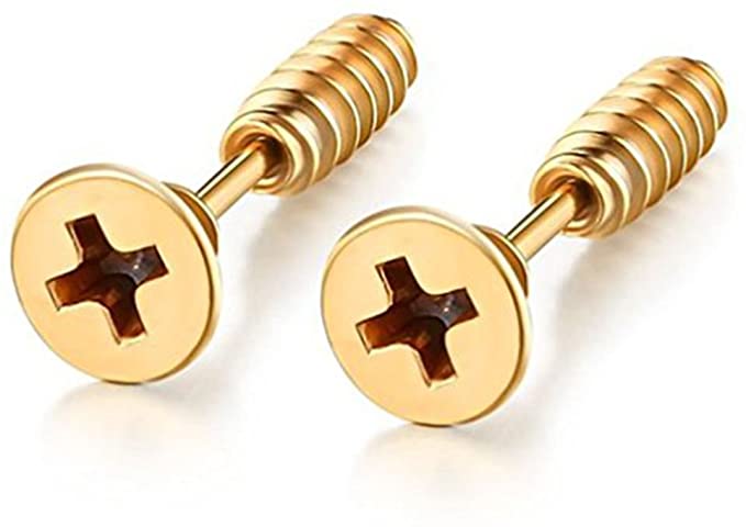 Stainless Steel Womens Mens Screw Stud Earrings Pierced Tunnel 3 Pairs 3 Colors (1 Pair Gold)