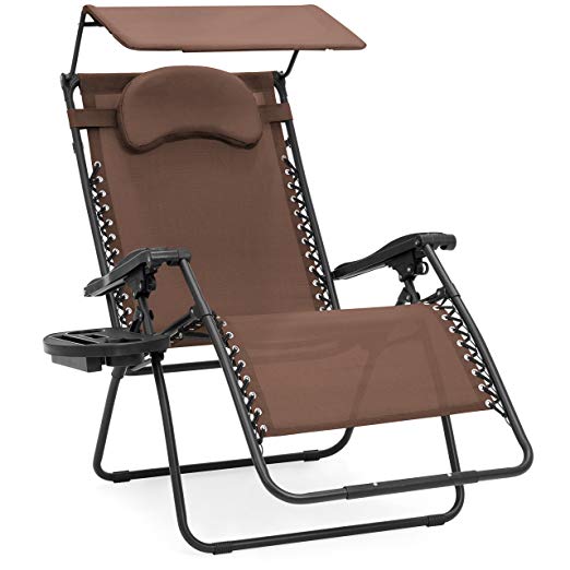 Best Choice Products Oversized Zero Gravity Reclining Lounge Patio Chairs w/Folding Canopy Shade and Cup Holder (Brown)