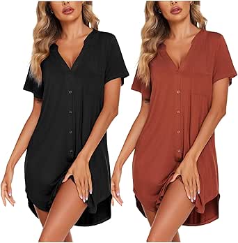 Ekouaer 2 Pcak Nightgowns for Women Button Down Sleep Shirts V Neck Night Shirts Night Gowns