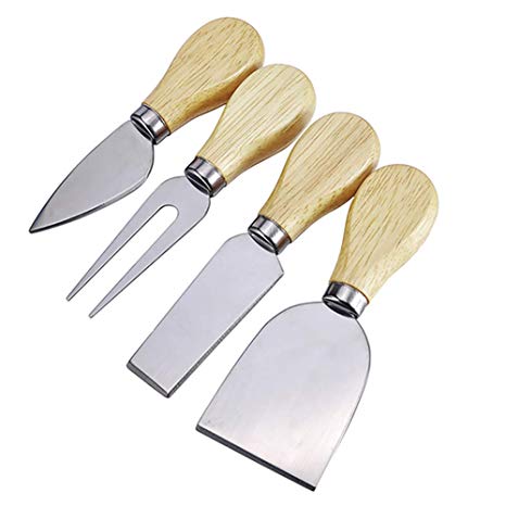 HOUSWEETY 4Pcs Stainless Steel Wooden Handle Cheese Knives Set