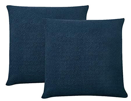 PHF Waffle Euro Sham Cover 100% Cotton Square Throw Pillow Cover Pack of 2 26" x 26" Navy Blue