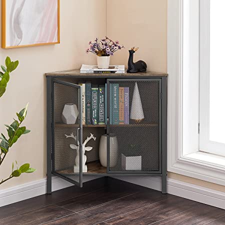 VECELO Cabinet/Table, 3-Tier Display Shelves with Protection Door, Metal Frame Storage Shelf Organizer for Small Space, Living Room, Kitchen, Bathroom, Set of 1, Grey