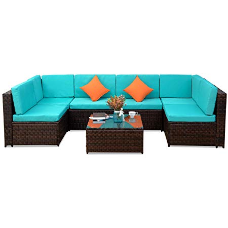 7 PCS Outdoor Rattan Wicker Furniture Set Garden Patio Sectional Sofa with Cushioned Seat and Glass Coffee Table for Poolside, Backyard, Deck or Patio (Green Cushion)