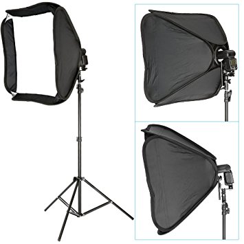 Neewer® Professional Protable Off-Camera Flash Softbox & Stand Kit for Nikon SB900 SB800 SB600, Canon 580EXII 580EX 430EXII 430EX, Neewer TT860, TT850, TT560, Yongnuo, Nissin, Pentax, Olympus and Other Speedlite with Universal Hotshoe, includes: (1) 24"x24"/60x60cm Speedlite Softbox   (1) L-shaped Bracket & Flash Ring   (1) Outer White Cover   (1)9ft / 260cm Photo Studio Light Tripod Stand   (1) Carrying Case