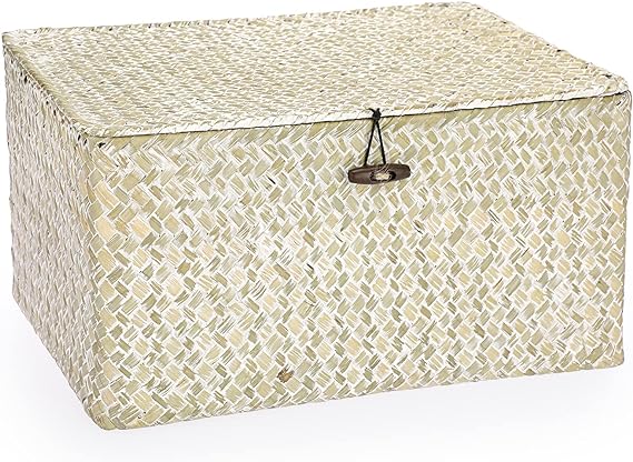 Hipiwe Wicker Shelf Baskets Bin with Lid, Large Natural Seagrass Basket Storage Bins Handwoven Rectangular Household Basket Boxes for Shelf Wardrobe Home Organizer and Decor, Whitewash