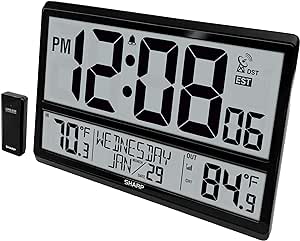 SHARP Atomic Clock - Never Needs Setting! –Easy to Read Numbers - Indoor/ Outdoor Temperature, Wireless Outdoor Sensor - Battery Powered - Easy Set-Up!! (4" Numbers)